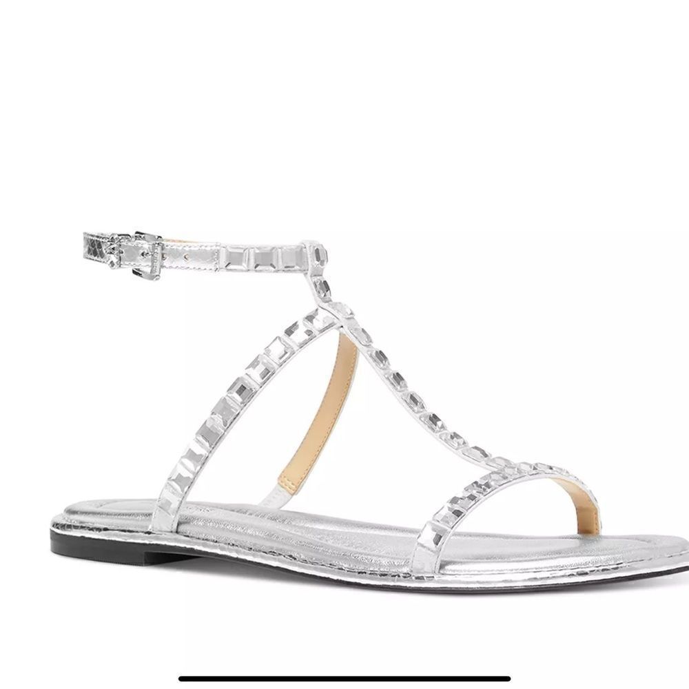 MICHAEL Michael Kors Women's Celia Flat Open Toe Silver Sandals Size 7